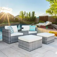 5 pièces salon de patio extérieur canapé en osier Set gris en rotin et coussin beige avec 2pieces oreillers US Stock A35 A43