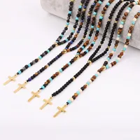 Pendant Necklaces Men Necklace Natural Stone Beads Tiger Eye Matte Onyx 316L Stainless Steel Cross Rosary Jewelry Gift