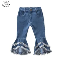 Mode koreanska streetwear barn flare jeans elasitc midja bell bottom denim blå byxor tjejer kläder 3 4 5 år 24m