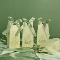 Geschenkverpackung 10pcs Green Paper Candy Box -Tasche Hochzeit mit Band Souvenirs für Gäste bevorzugt Geburtstagsbabys Boxenboxen
