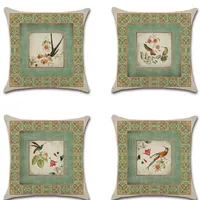 Cotton Line Vintage Bird Green Printed Throw Pillow Case Classical Flowers Cushion Cover Sofa Home Car Decorativos 18inch