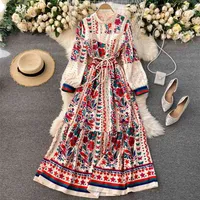 Fitaylor Spring Autumn Women Fashion Outwear Bohemian Holiday Long Sleeve Standing Collar Elegant Dress Hit Color Sexy Dress 210915