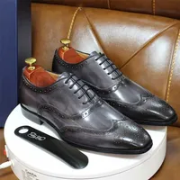 Size 6-13 Handmade Mens Wingtip Oxford Shoes Grey Genuine Leather Brogue Men's Dress Classic Business Formal for Men 220119