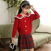 Sonbahar ve kış net kırmızı kız çocuk giyim Tatlı ve güzel kırmızı kazak etek büyük çocuk takım elbise