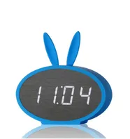 Cartoon Bunny Ears LED Wooden Digital Alarm Clock Voice Control Thermometer Display Blue