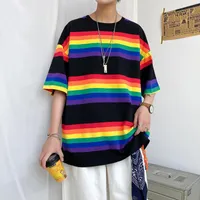 Camisetas para hombre T Shirts Camiseta Verano suelto arco iris de gran tamaño Rayado de manga corta O cuello Moda coreana Harajuku Hip Vintage Algodón Top masculino