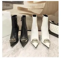 Moda de lujo botas de diseño clásico tacón puntiagudo punteado botines martin vaquero bota zapatos de mujer zapatos de becerro negro Tela técnica superior con caja 0111