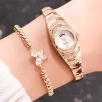 2pcs / set moda donna orologio delicato strass argento orologio braccialetto per le donne orologio da polso da donna di lusso Relogio feminino