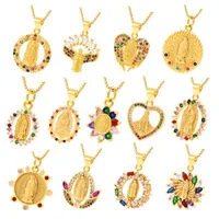 Charms Diamond Encrusted Color Zircon Virgin Mary Gold Pendant Necklace Hip Hop Religious Item 2021