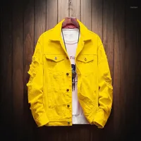 남자 재킷 2021 데님 재킷 노란색 핑크 거리 의류 높은 구멍 힙합 캐주얼 청바지
