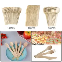 100pcs / pack bambu trä bestick biologiskt nedbrytbara knivar gafflar skedar engångs servern uppsättning kök matsal bar porslin y0702