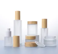 2021 30ml 40ml 60ml 80ml 100ml Frosted Glass Cosmetic Cream Jar Bottle Face Cream Pot Lotion Pump Bottle with Plastic Imitation Bamboo Lids
