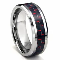 Vigselringar Mäns 8mm Tungsten Ring Svart och Röd Kolfiber Inlay Band Engagement Smycken