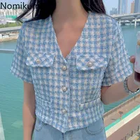 Giacche da donna Nomikuma Sweet Tweed Tweed Short Donne Summer V Neck Casual All-Match Plaid Tops Single Breasted Moda coreana Capispalla