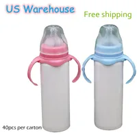 US Warehouse 8oz Sublimation Sippy Tumbler Baby Water Bottle With Handle Lid Portable Stainless Steel Milk Cup DIY Outdoor Kids Drinking Cup B6