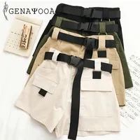 Genayooa Streetwear 반바지 여성용 휘트니스 한국어 여름 여성 하이 허리 넓은 다리화물 여성 반바지 Feminino Pocket 210306