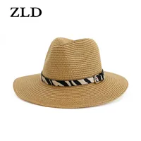 قبعات واسعة الحافة Zld Straw Hat Top في الهواء الطلق شاطئ الشمس واقية من أشعة الشمس أزياء zebra نمط Jazz Sun Summer Beige Side