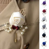 İpek Gül Çiçek Damat Boutonniere Altın Alaşım Gelin Düğün Dekor Mariage Korsaj Broşlar Imitation Inci Kadın Erkek Korsage Pin