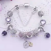 Pulseras de encanto estilos mixtos con caja Pink Purple Blue Beads Ring Heart Ann Flower Colgante para la cadena de serpiente Bangle Diy Joyería