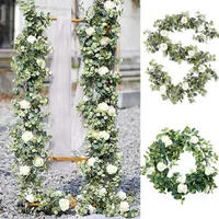 Decorative Flowers & Wreaths Fake Flower Eucalyptus Garland With Camellias Artificial Silk Rose Vine Decor Hanging Faux Leave Floral For Wed
