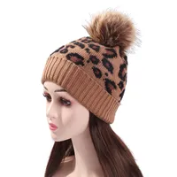 Mode Frauen Leopard Drucken Kern-Gesponnene Garn Wollkappe Winter Abnehmbare Kugelkappen Warme gestrickte Beanie Hut XY443