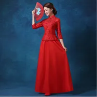 Uzun Çin düğün dantel elbise cheongsam kadınlar kırmızı shanghai hikaye Qipao parti elbisesi etnik giyim