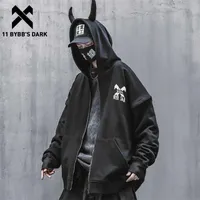 11 ByBB Dark Dark Techwear Harajuku Felpe con cappuccio uomo Punk Devil Horns Pullover Hip Hop Streetwear Cardigan Felpe con cappuccio nero 211110