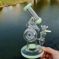 Unique Bong Hookahs Double Recycler Glass Bongs Slitted Donut Percolator Oil Dab Rigs Sidecar Water Pipes 14mm Joint With Bowl