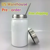 US Warehouse Sublimation Mason Jar Tumblers 500ml Double Wall Coffee Mugs 17oz Beer Juice Cans DIY Water Bottle Stemless Tumbler with Lid and Straw preorder