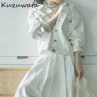 Chaquetas de mujer Kuzuwata Girno de cuello de manga larga Sola seno Jacket Mujeres Estilo de trabajo OL Slim Coat Femme Spring 2021 Ropa sólida