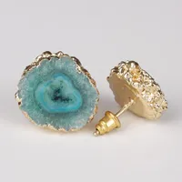 Stud Green Sky Blue Natural Solor Druzy Drusy Stone Slice Bead Charm Gold Frame Push Back Earring for Women Unisex