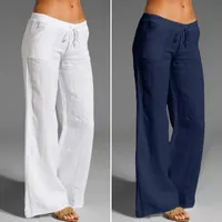 Boy Kadınlar Vintage Geniş Bacak Pantolon Yaz Keten Palazzo Moda Uzun Pantolon Rahat Elastik Bel Katı Pantalon