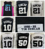 Mens Vintage 1998-1999 Tim 21 Duncans Jerseys de baloncesto David 50 Robinson Dennis 10 Rodman Black Steins Swirts S-XXL