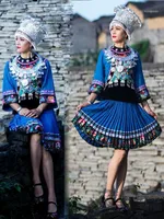 Etapa desgaste vestuario chino ropa hmong estilo étnico bordado azul folk baile rendimiento traje adulto outfit mujeres Miao sombrero ropa1