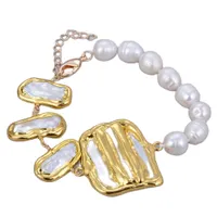 Guaiguai Jóias Natural Branco Biwa Pérola Conector Cultured Branco Arroz Pearl Color Color Banhado Chain Bracelet 8 "Clasp Chain