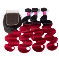 Ombre Body Wave Unprocessed Human Weaves 3 Bundles With 4x4 Lace Closure 1B/Burgundy Brazilian Wavy Virgin Hair Extensions