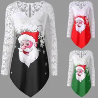 Рубашки женские блузки Счастливого Рождества кружева лоскутная асимметричная верхняя сексуальная печать с длинным рукавом рубашка плюс размер одежды