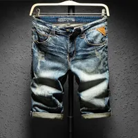 Shanbao Trend Men's Summer Denim Shorts estilo retro diseño de cuero viejo agujero delgado algodón jeans shorts 210531