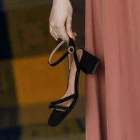 Sandels Zapatos de Tacón Cuadrado Con Punta Abierta Para Mujer Sandalias Cuero Banda Estrecha Y Correa Trasera Oficina 220303