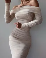 Mulheres Inverno Fashion Sexy Off Should Manga Longa Malha Ruched Branco Bodycon Bandage Dress 2021 Designer Party Vestido Casual Vestidos