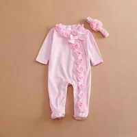 Sevimli Yenidoğan Bebek Kız Giysileri Yeni Stil Kızlar Prenses Yay / Çiçekler Romper Kafa 2PC Uzun Kollu Romper Giyim Seti