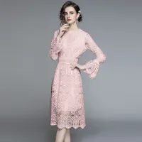 Son Seksi Ince Dantel A-line Elbise 2021 Pist Tasarımcısı Flare Kollu Ekip Boyun Tatil Balo Ofis Bayanlar Katı Renk Elbiseler Yaz Sonbahar Zarif Kadın Giysileri