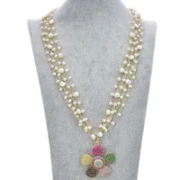 GuaiGuai Jewelry 4 Strands White Pearl Necklace CZ Pave Flower Pendant For Women Real Gems Stone Lady Fashion Jewellery