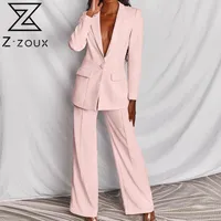 女性2ピースパンツZ-Zoux女性セットブレザーピンクイエロービンテージカジュアルスーツコートハイウエストワイドレッグプラスサイズセット