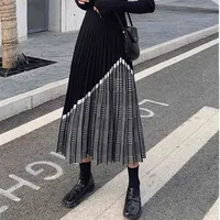 Zawfl invierno moda moda houndstooth midi falda femenina alta cintura plisada punto grueso grueso negro faldas cálidas 210729