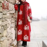 캐주얼 드레스 LZJN 긴 소매 꽃 프린트 맥시 드레스 2021 겨울 QiPao 전통 중국어 cheongsam 포켓 따뜻한 양털 여성을위한
