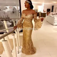 Ny Arabiska 2022 Prom Klänningar Långärmad Guld Lace Sparkly Evening Dress Illusion Neck Mermaid Arabic African Formal Grows DD