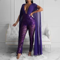 Women&#039;s Jumpsuits & Rompers Sexy Deep V Neck Black Sequins Party Night Club Long Jumpsuit Women Sleeve