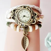 Wristwatches Women Girl Vintage Watches Bracelet Leaf Pendant Leather Lady Womans Wrist Watch Gift #G955