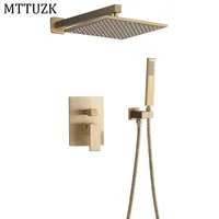 Brass Brushed Gold Two Functions Rain Shower Faucet Set Wall Mounted Arm Diverter Mixer Tap Handheld Spray Bathroom Sets